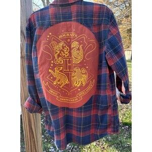 Harry Potter HOGWARTS Upcycled Flannel Shirt Mens Size XL Plaid Button Up Unisex